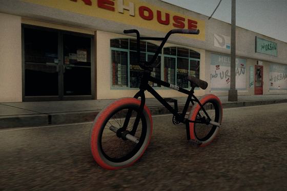 Czarny BMX z czerwonymi obręczami przed sklepem — kadr z gry